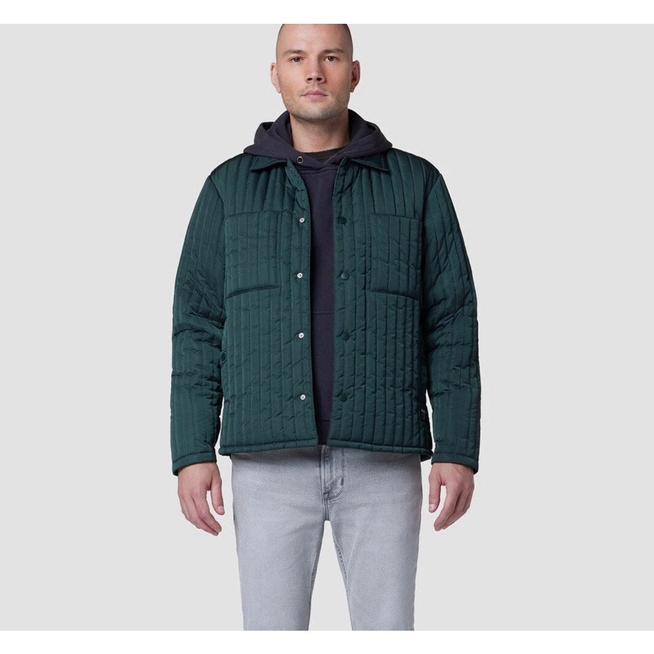 Hudson green quilted men's snap front coat, size medium, featuring a stylish design and visible quilting details.