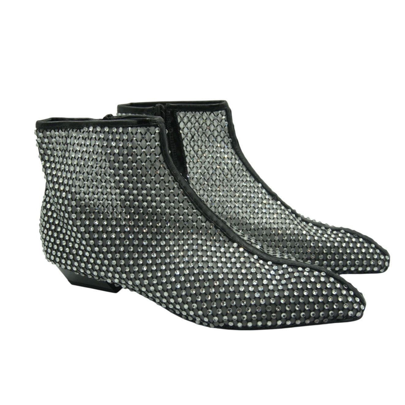Rebecca Minkoff black crystal mesh booties for women, size 8M, with 40mm heel, stylish and new in box.