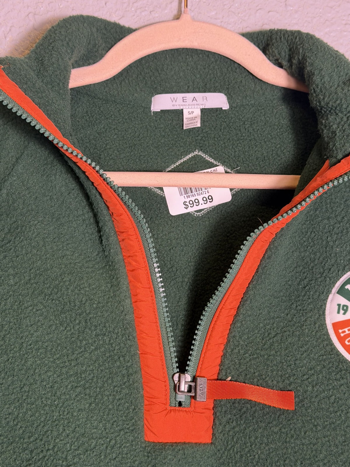 Green and orange Miami Hurricanes women's fleece 1/4 zip pullover by WEAR by Erin Andrews, size small, new with tags.