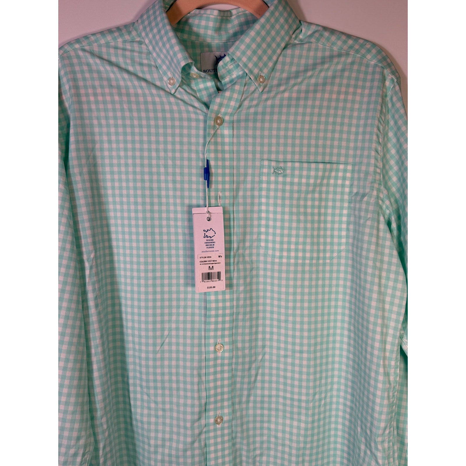 Southern Tide men's mint gingham sport shirt, casual design with button-up style, medium size, new with tags.