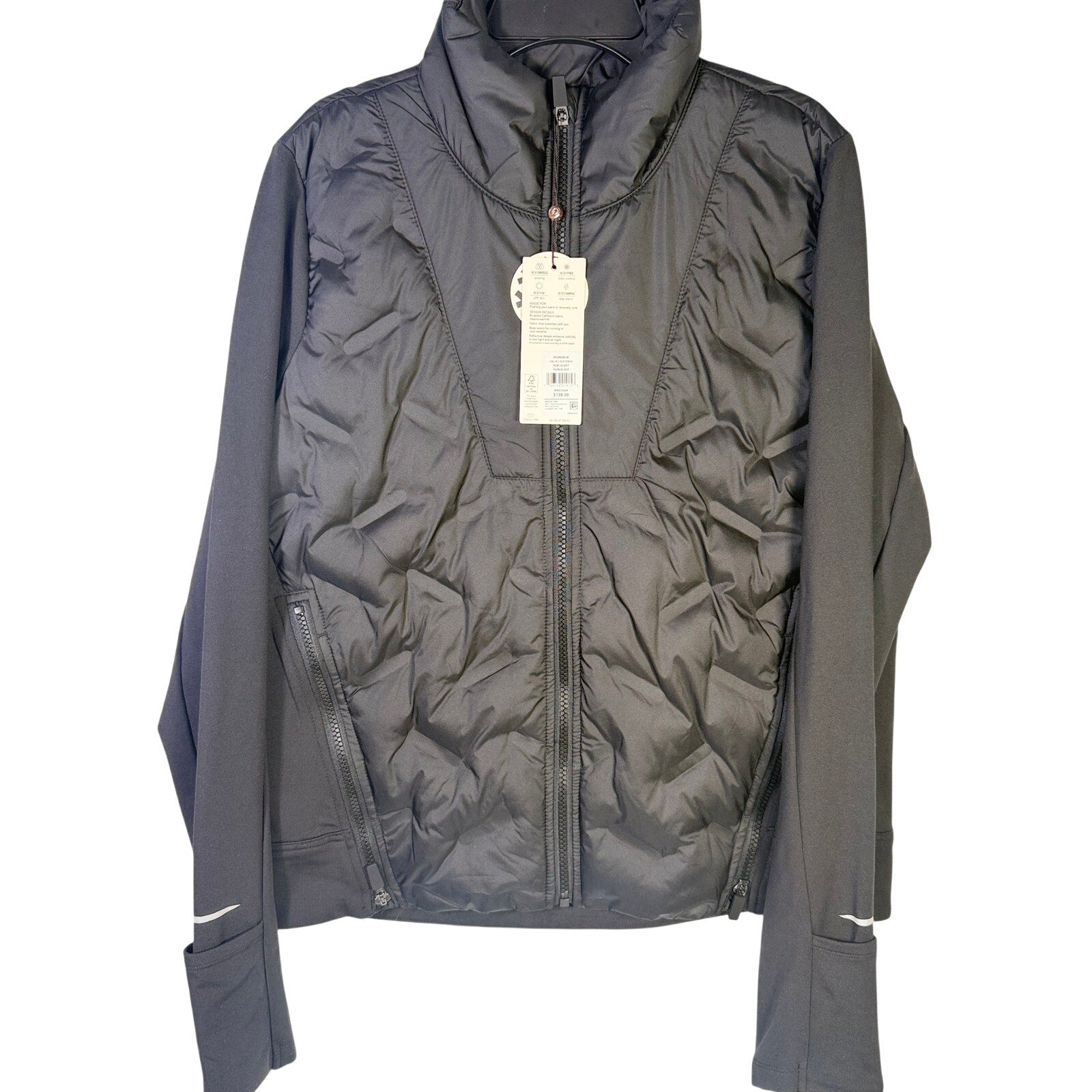 CALIA women's Cold Dash run jacket in pure black, size medium, featuring a quilted hybrid design for cold-weather running.