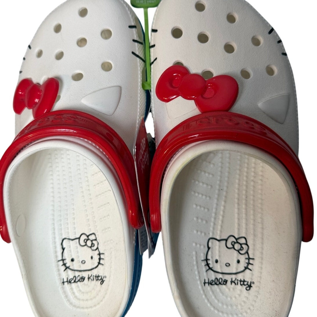 Crocs x Hello Kitty Classic Clog sandals for women and men, featuring Hello Kitty design and 50th Anniversary branding.