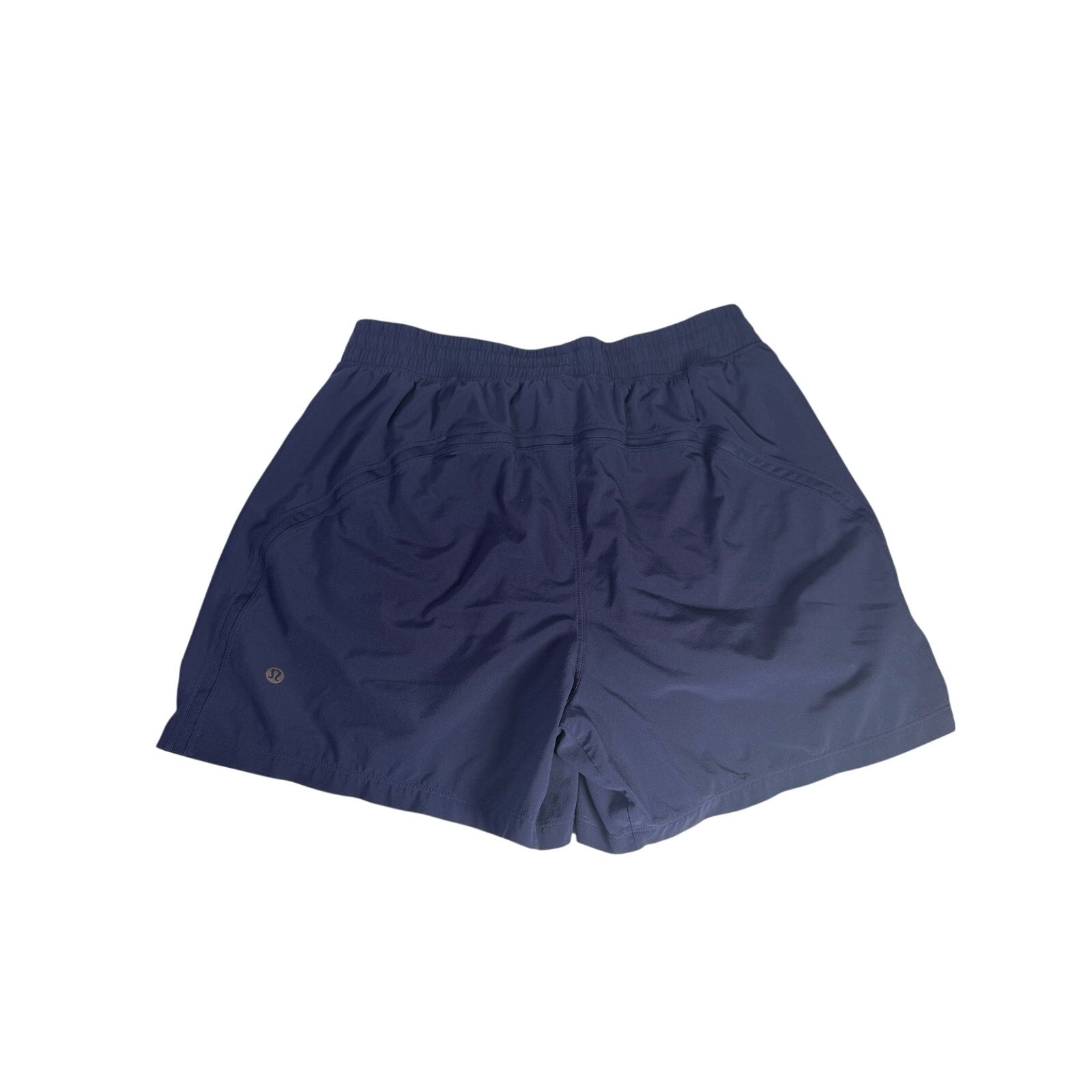 Lululemon men's navy blue athletic running shorts with lightweight fabric and elastic waistband, size M.