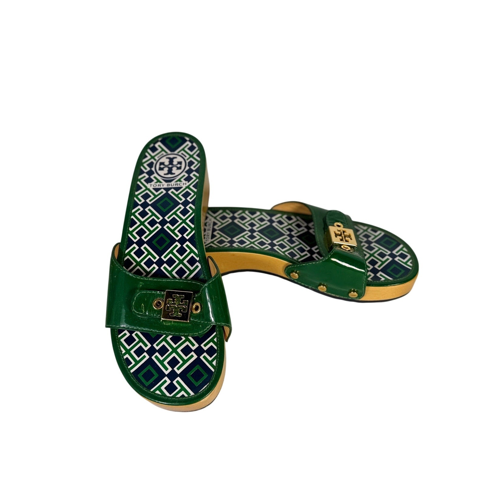 Tory Burch women's green patent leather slide sandals size 8.5, made in Brazil, featuring a sleek, glossy finish.