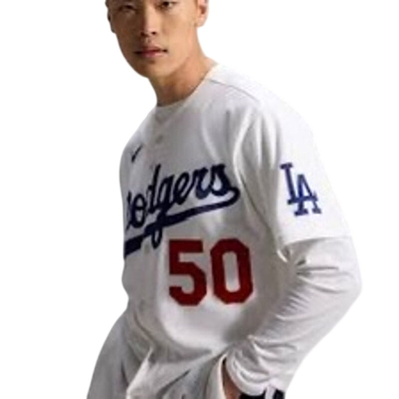 Nike Los Angeles Dodgers Mookie Betts #50 men's white jersey, front view with team logo and Betts' name and number.