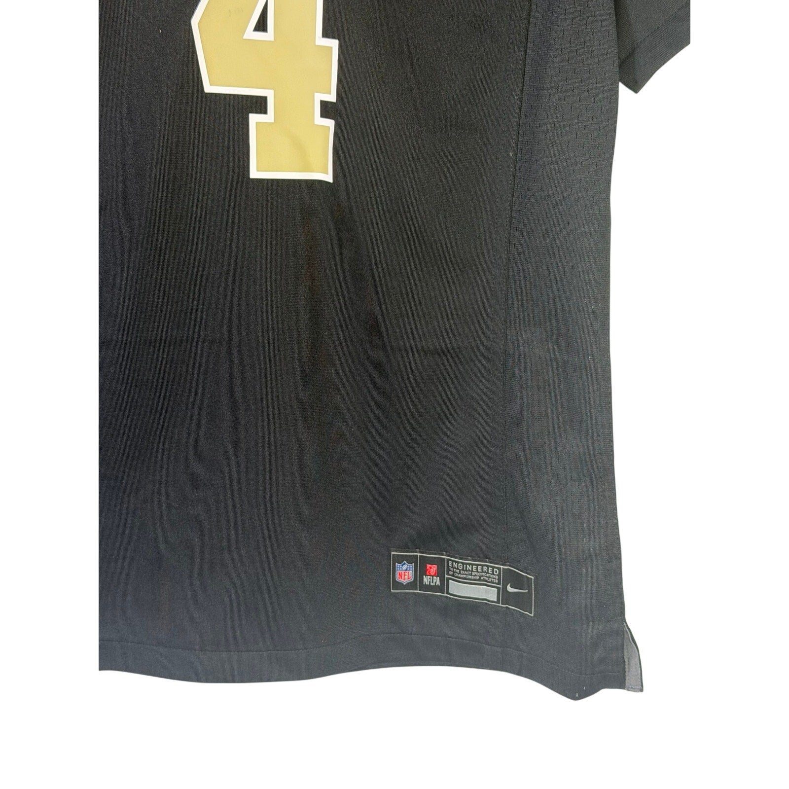 Nike Women’s New Orleans Saints Derek Carr #4 black game jersey, size M, featuring team logo and player number.