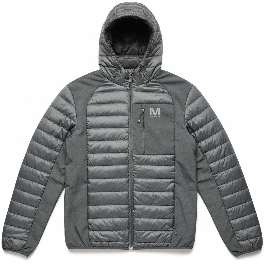 Black Merrell men's quilted hooded jacket with lightweight polyester fabric, shown in a stylish outdoor setting.
