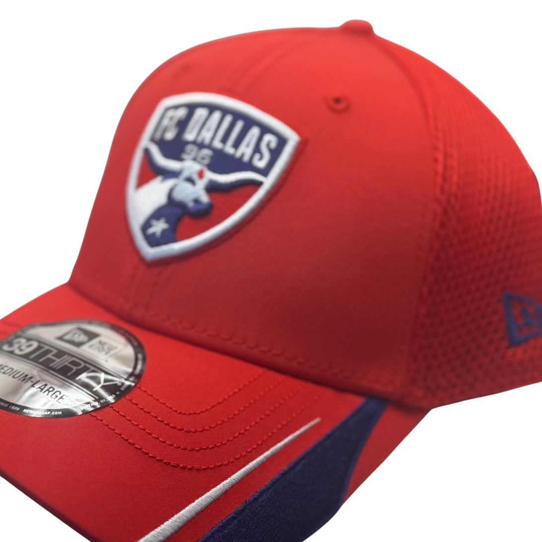 New Era FC Dallas 39THIRTY stretch fit hat in red, medium-large size, featuring MLS team logo and comfortable fit.
