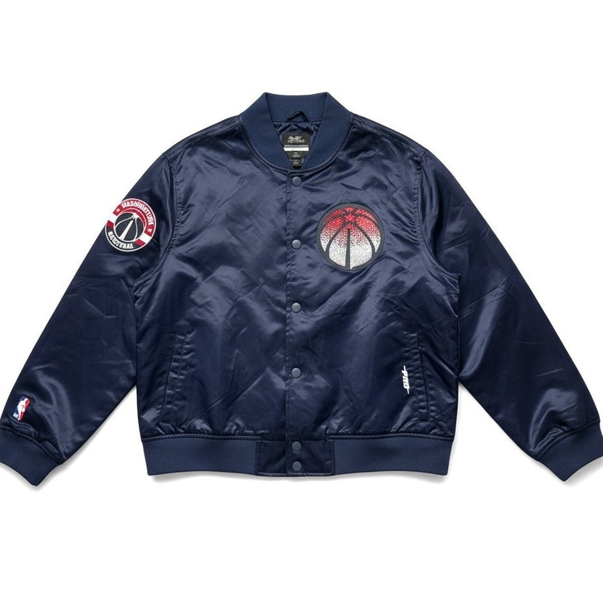 Pro Standard Women’s NBA Washington Wizards Jewel Satin Jacket in size small, featuring team logo and shiny satin fabric.