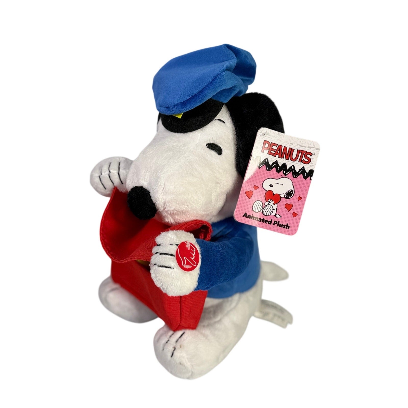 Peanuts Snoopy plush mail carrier toy, animated stuffed animal for Valentine's Day, soft and cuddly toy from Peanuts.