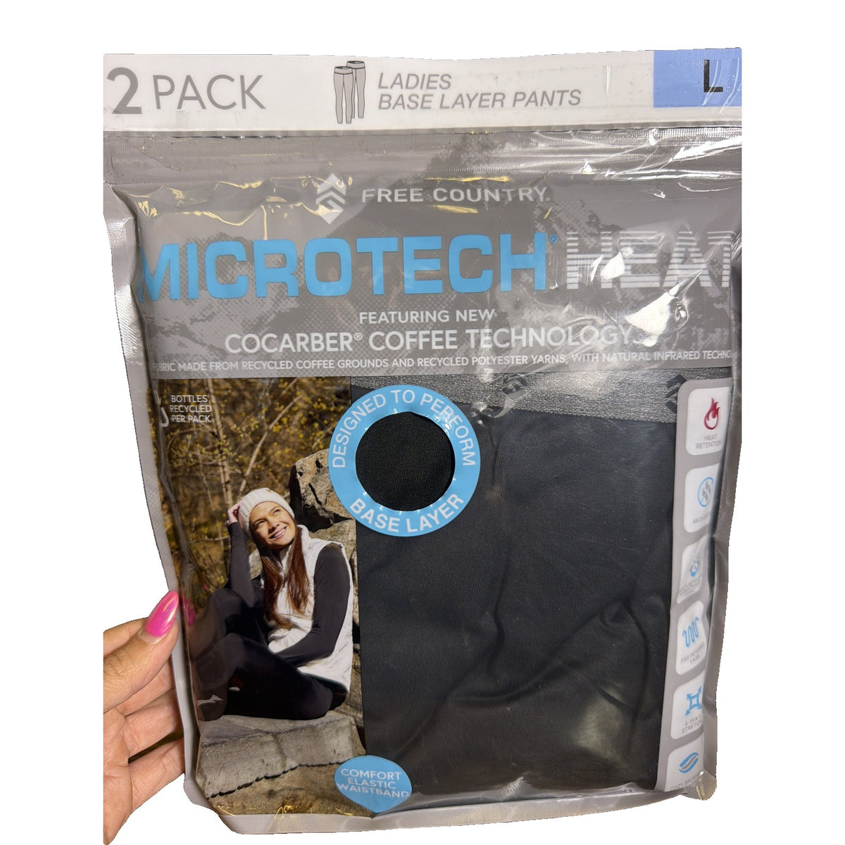 Black Free Country Microtech Heat women's base layer leggings, size L, 2-pack, shown flat with elastic waistband and smooth fabric.