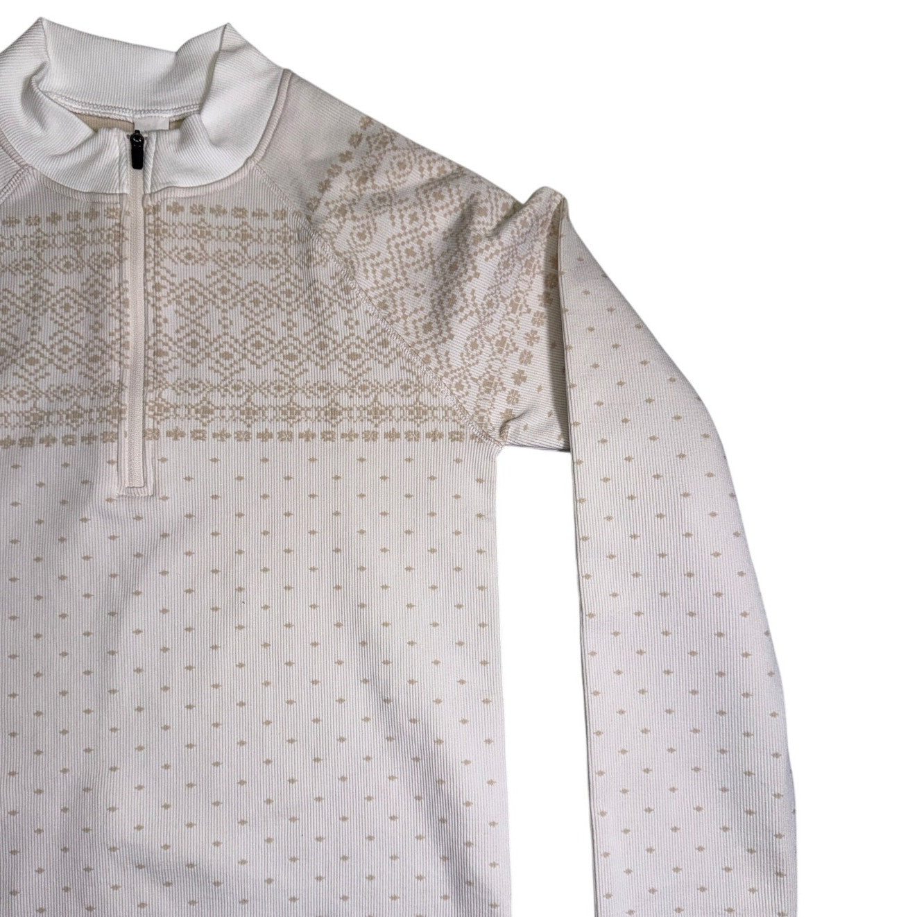 DSG women's ivory taupe Fair Isle quarter-zip sweatshirt, long sleeve, size S, with intricate knit pattern and ribbed cuffs.
