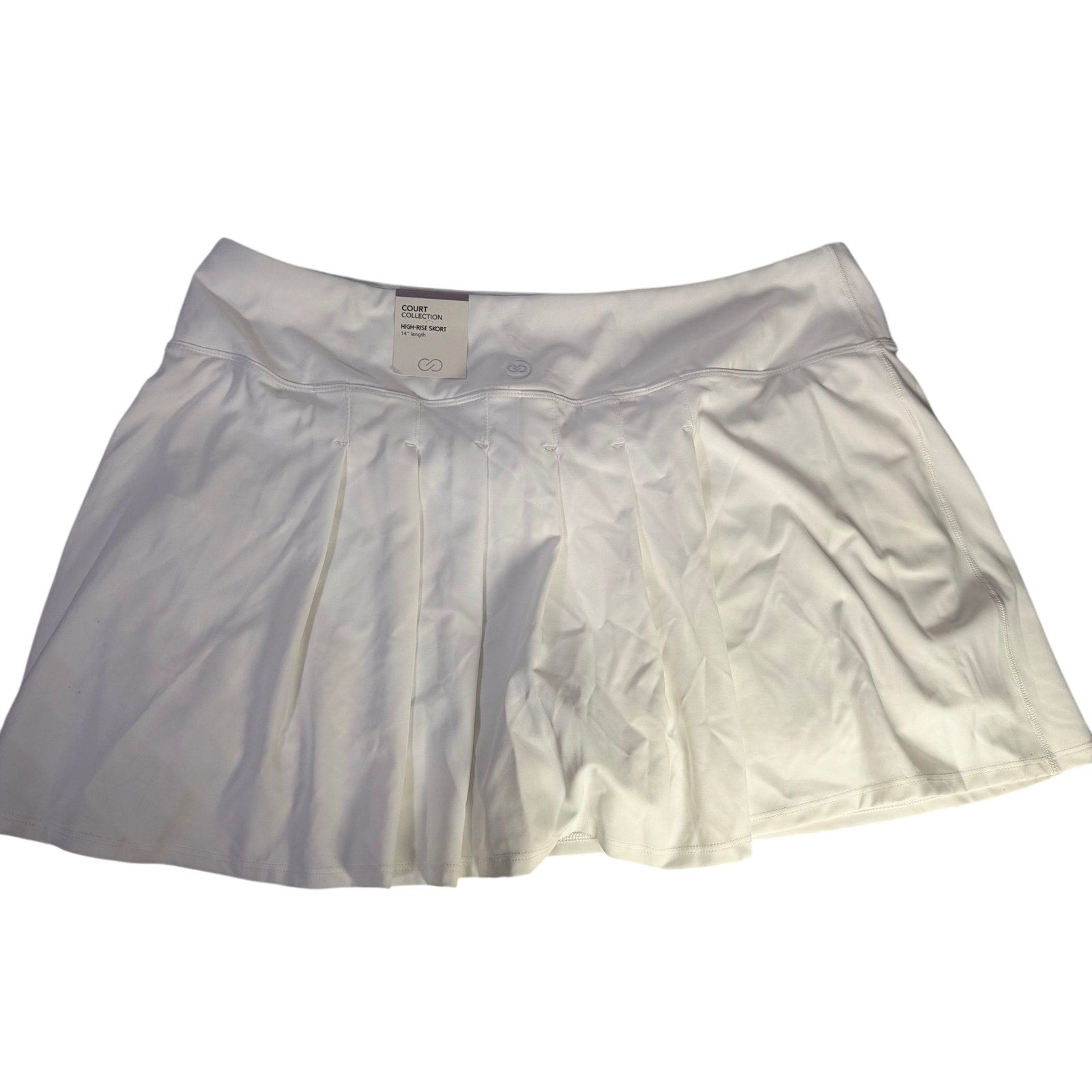 White CALIA women's high-rise court collection skort, 14-inch length, size XL, stylish athletic skirt with built-in shorts.