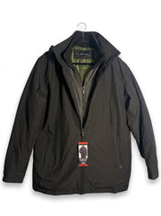 Men's black Weatherproof stretch tech hooded jacket with quilted bib, designed for weather resistance and comfort, size medium.