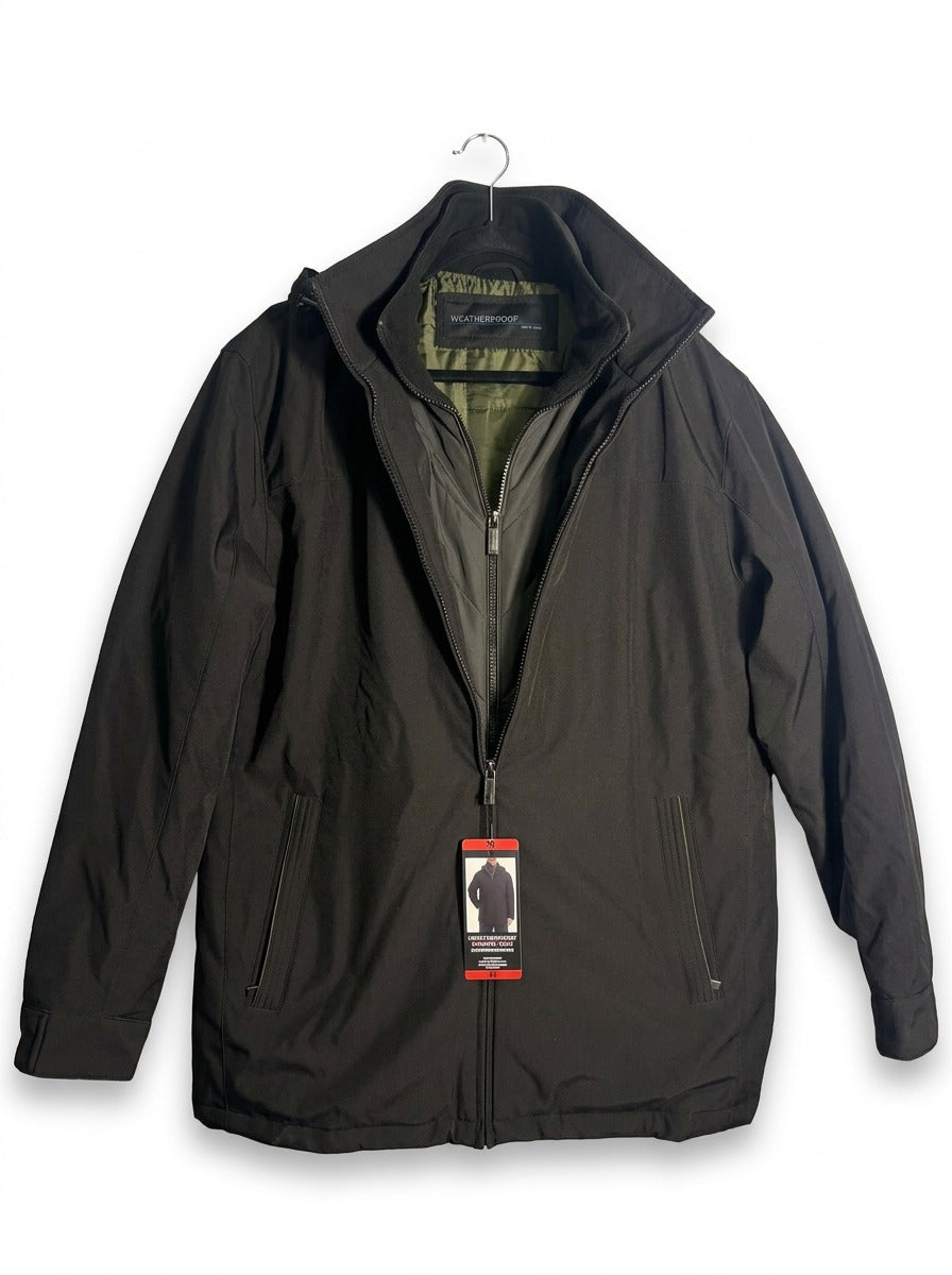 Men's black Weatherproof stretch tech hooded jacket with quilted bib, designed for weather resistance and comfort, size medium.