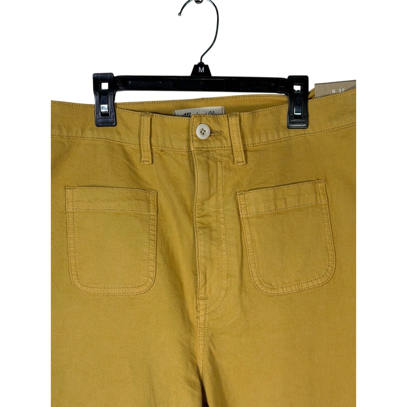 Madewell The Perfect Vintage wide-leg crop pants in mustard yellow, size 32, displayed flat showing high-waisted design and relaxed fit.