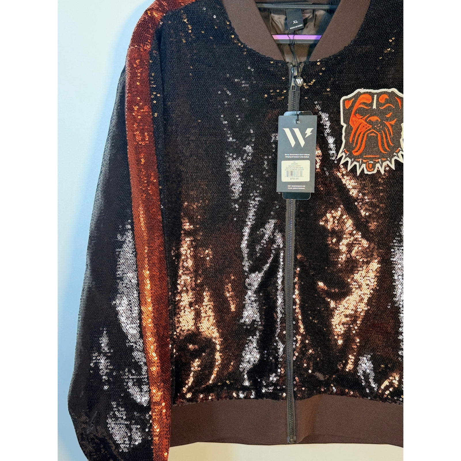 Women's XL Cleveland Browns sequin ombre bomber jacket by The Wild Collective, featuring shiny sequins and stylish design.