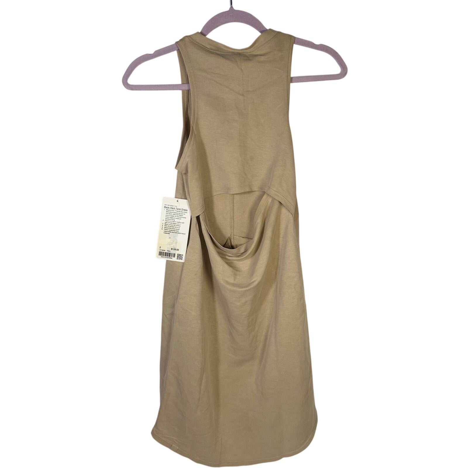 Lululemon women's beige Back Vent Tank Dress with open back and size 2, casual athletic style, new with tags.