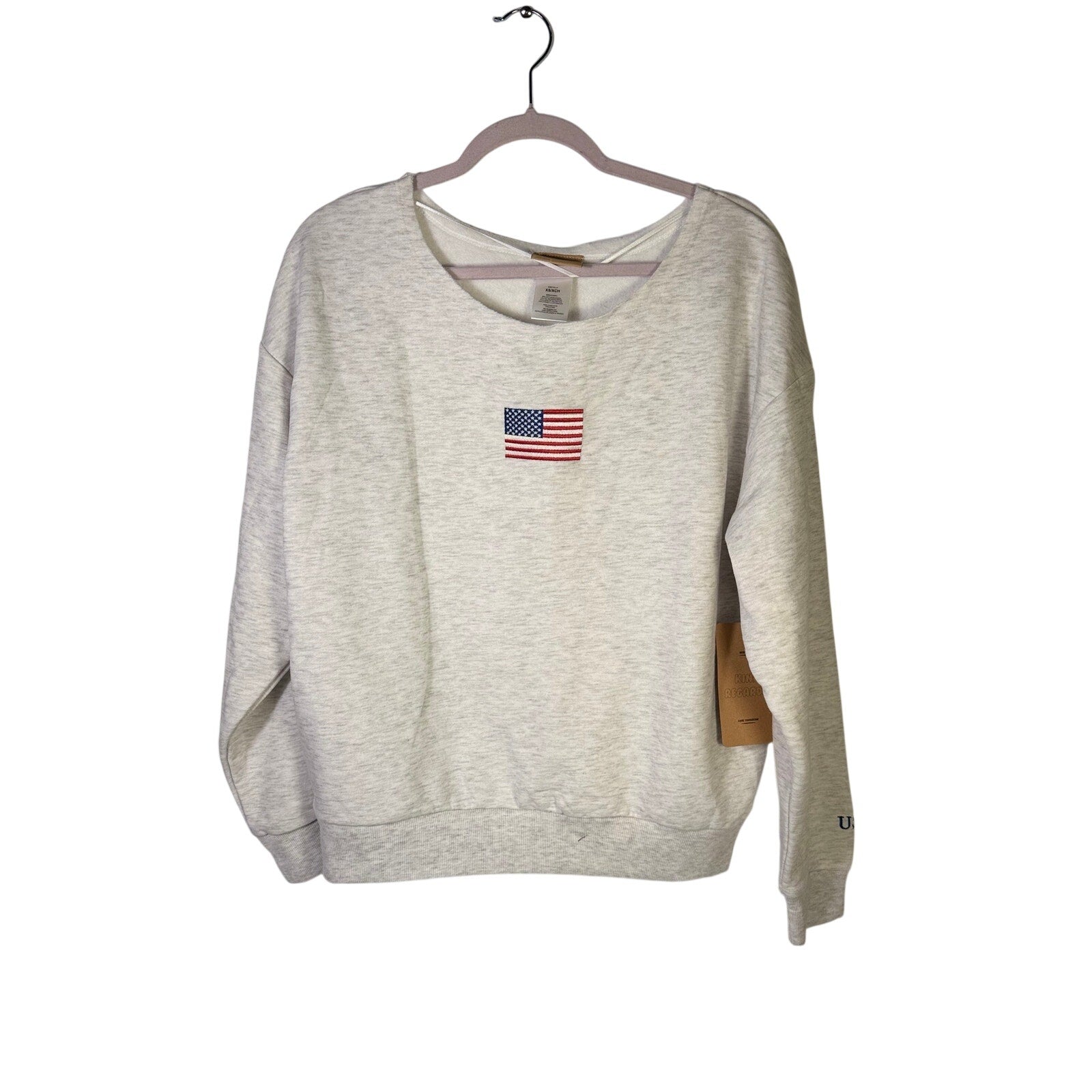 Kind Regard women’s crewneck sweatshirt with American flag embroidery, size XS, casual USA-themed apparel.