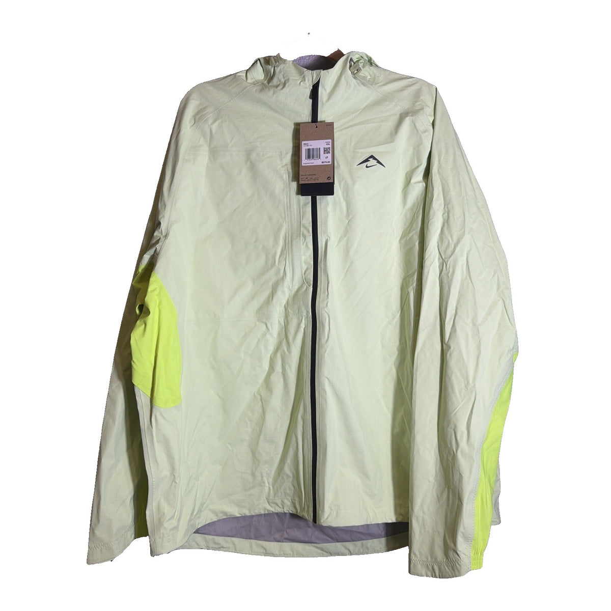 Nike Trail Storm-FIT ADV men's lime green running jacket, full zipper, lightweight waterproof design in size XXL.