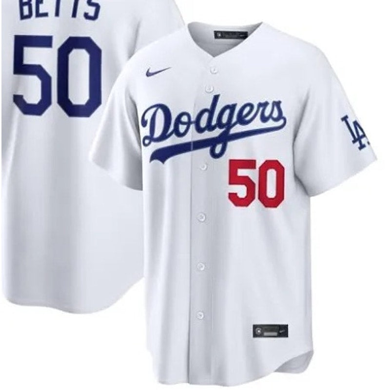Nike Los Angeles Dodgers Mookie Betts #50 men's white jersey, new with tags, featuring team logo and Betts name on the back.