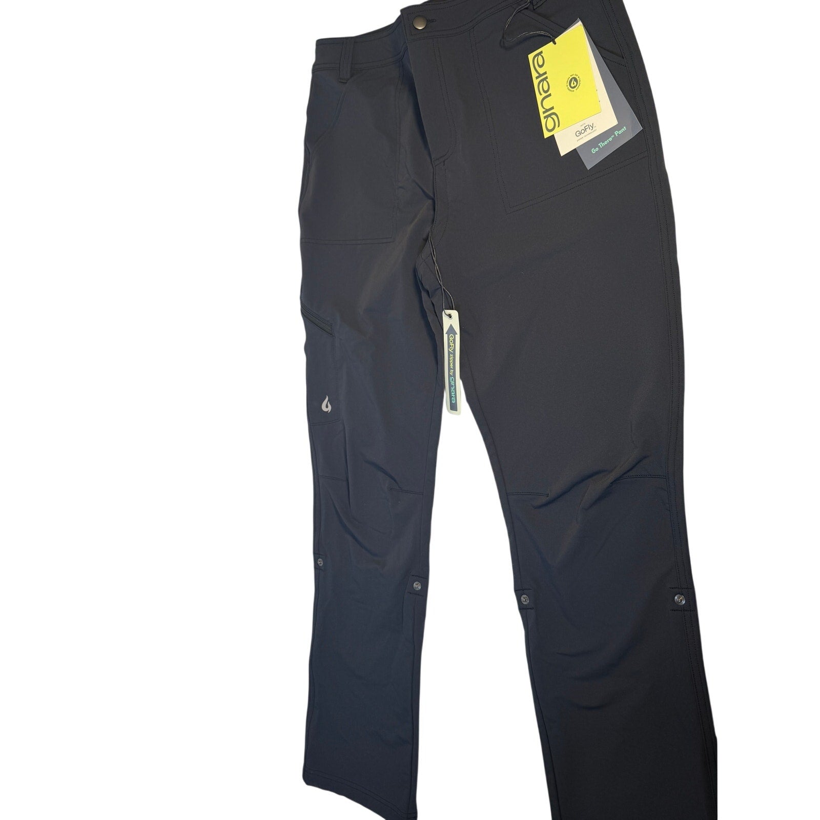 Black Gnara Go There women's outdoor hiking pants in size 12 with 30.75-inch inseam, shown laid flat.