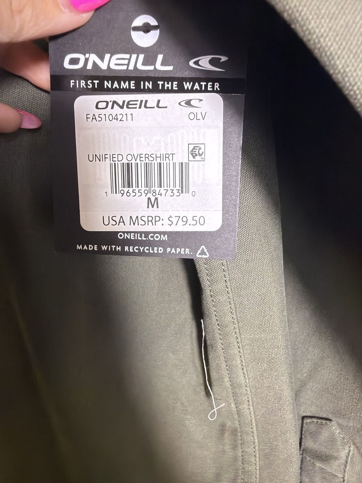 O'Neill men's olive stretch overshirt jacket, casual button-up shirt with a relaxed fit, size M, displayed on a neutral background.