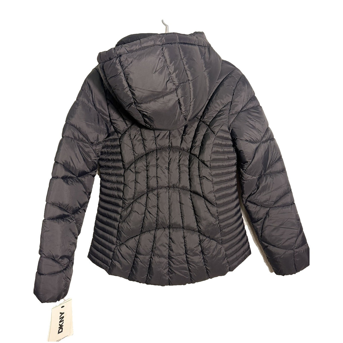 Black DKNY women's hooded quilted puffer jacket with front zipper and quilted design, size small, new with tags.