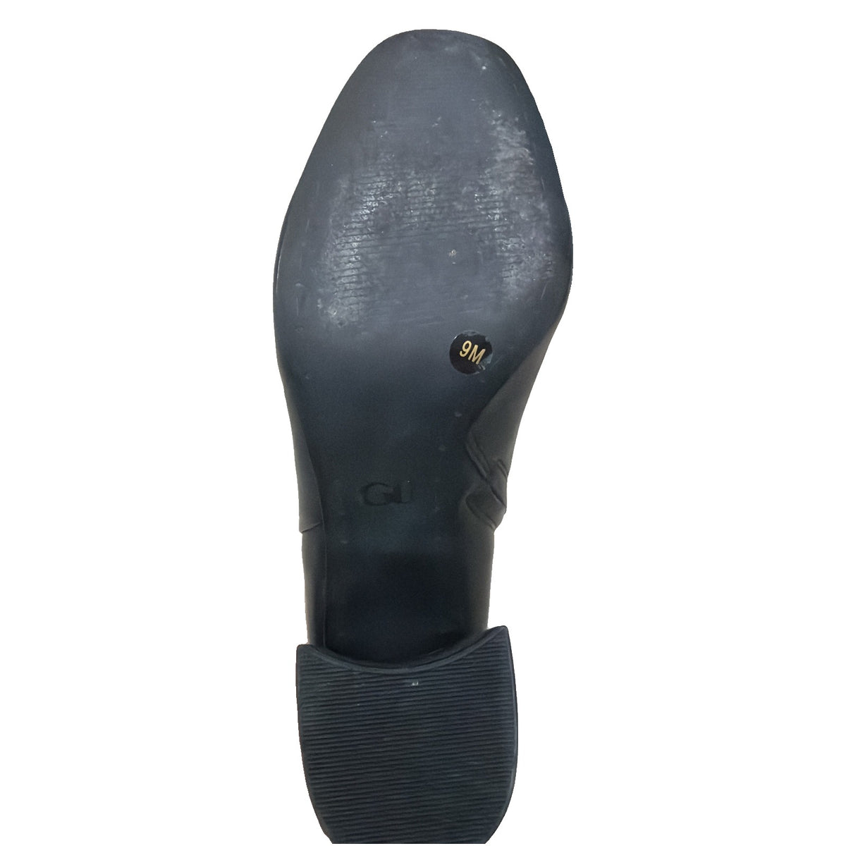Women's black leather ankle booties with block heel, side zip, and round toe, size 9M, stylish and versatile footwear.