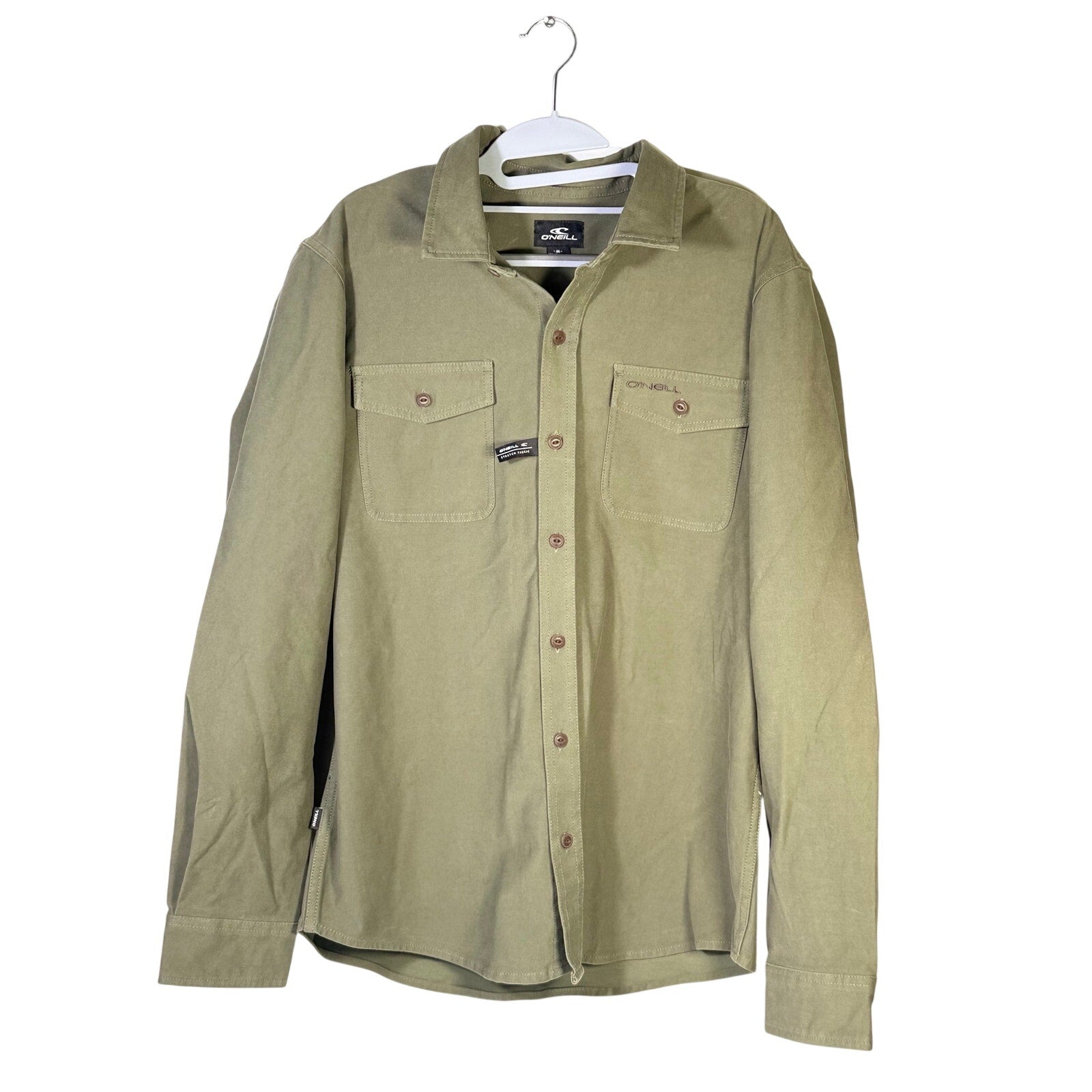 O’Neill men's olive green utility overshirt in size medium, shown flat with front buttons and chest pockets.
