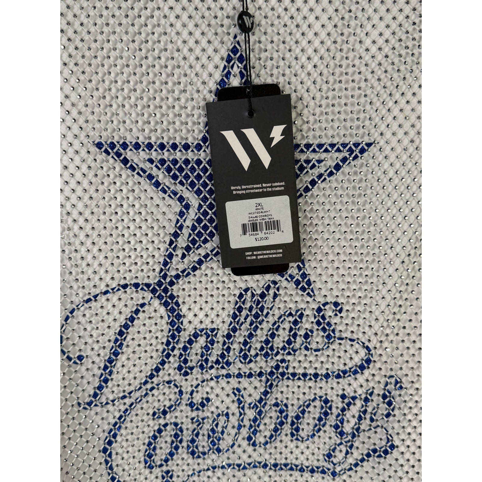 White Dallas Cowboys jeweled mesh tank top by Wear by Erin Andrews, women's 2XL, stylish sleeveless shirt with embellishments.