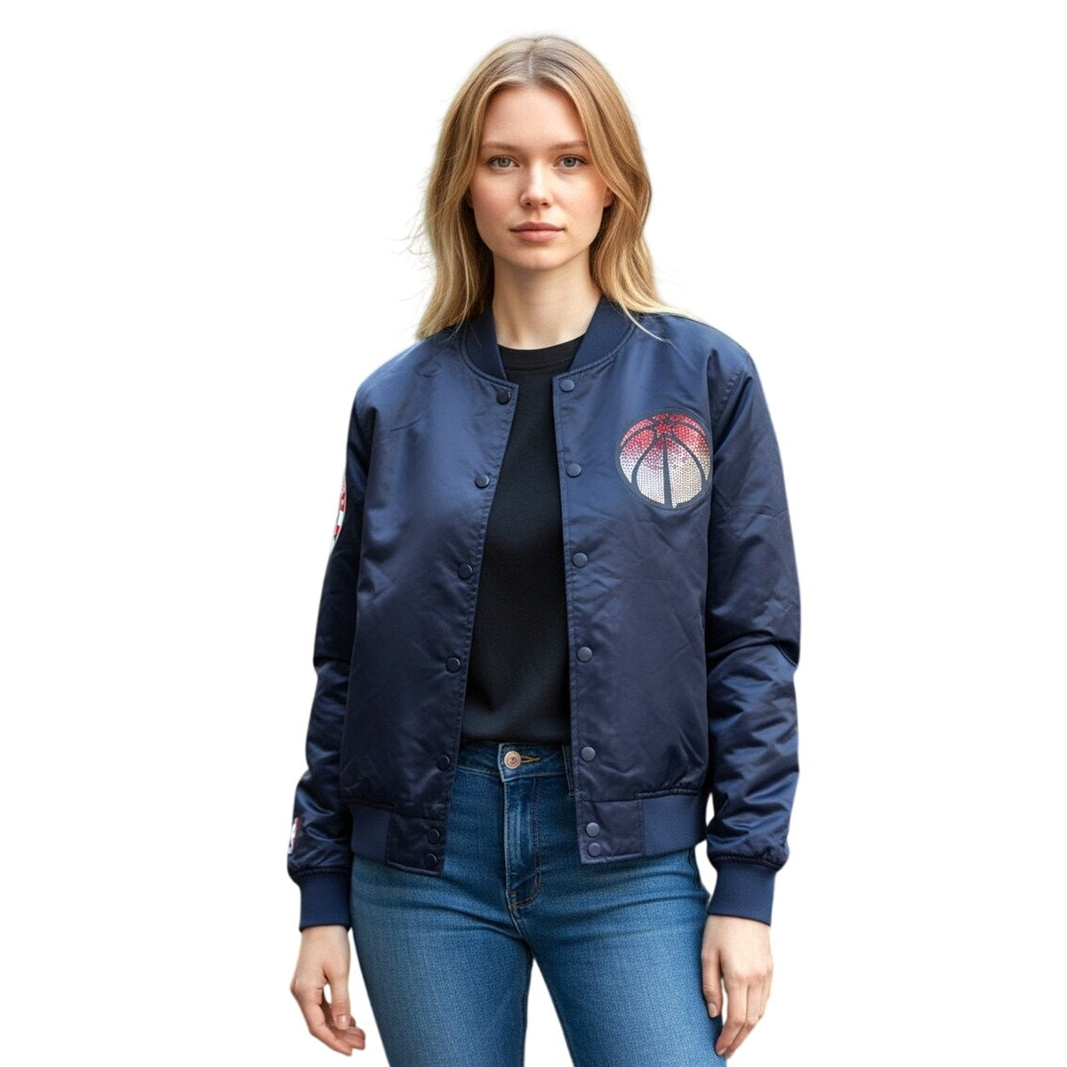 Pro Standard Women’s NBA Washington Wizards jewel satin jacket in size small, featuring team logo and satin fabric details.