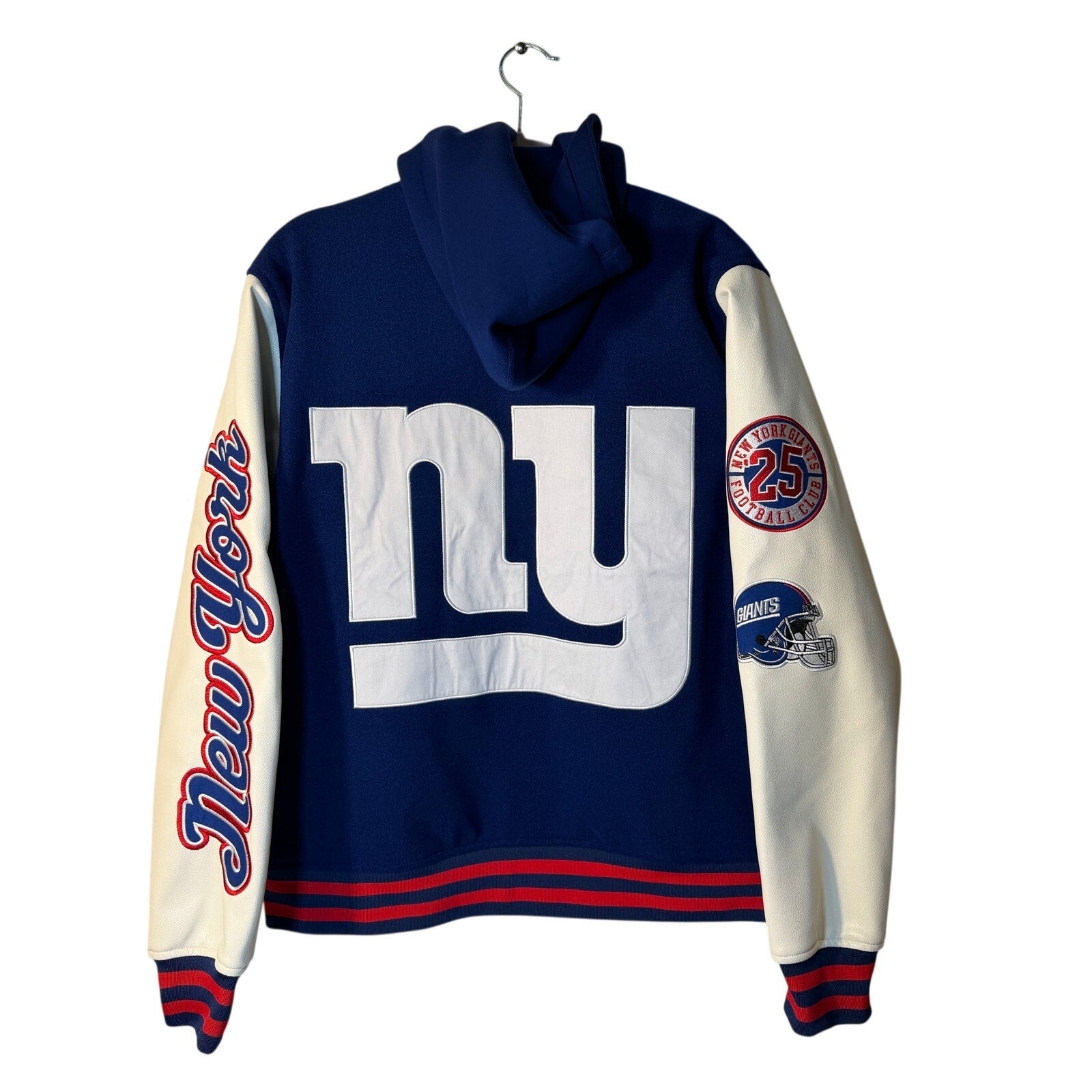 Men's NFL New York Giants varsity jacket, size medium, with team logo and classic varsity style, front view.