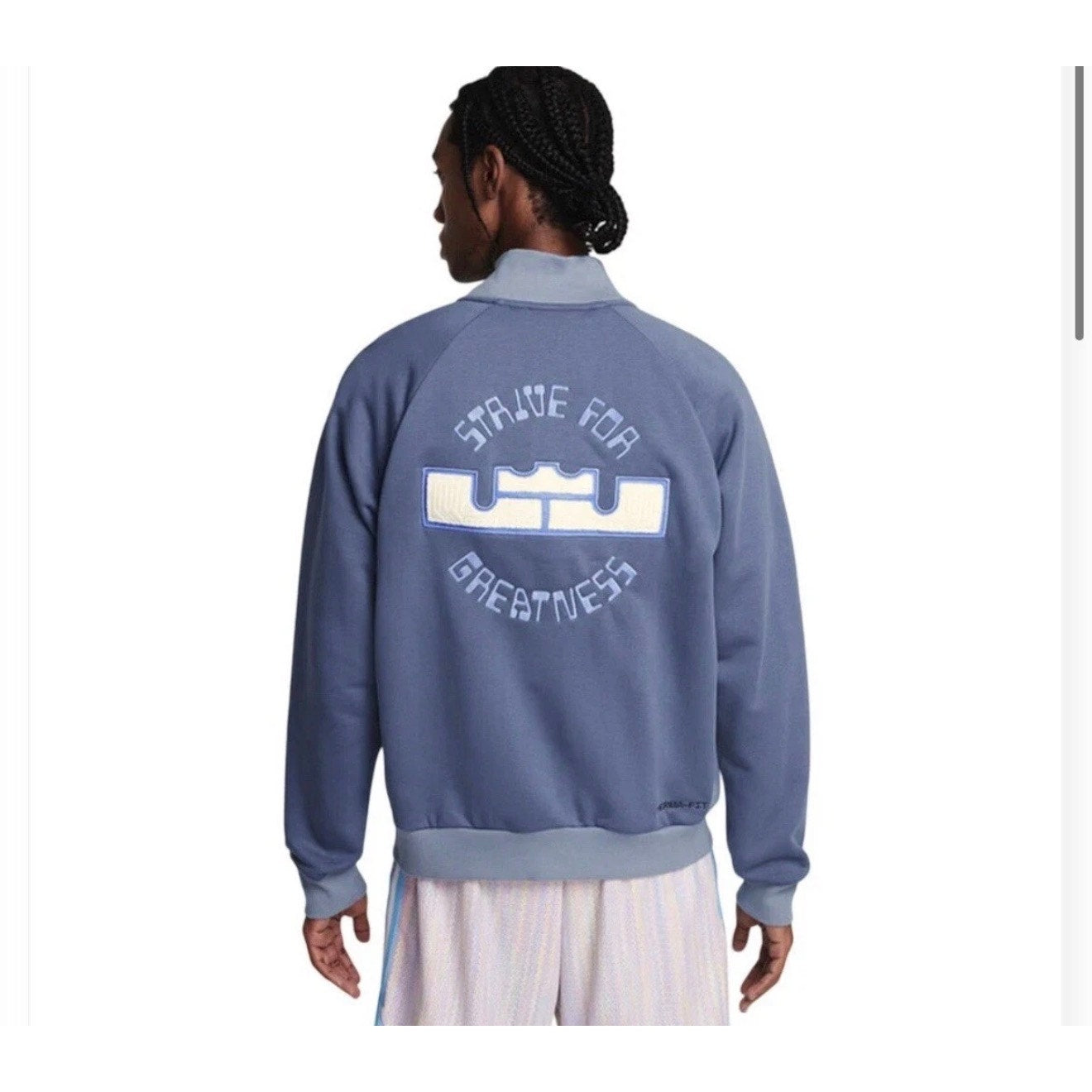 Nike LeBron men's blue basketball bomber jacket with snap buttons, lightweight fleece, and sporty style.