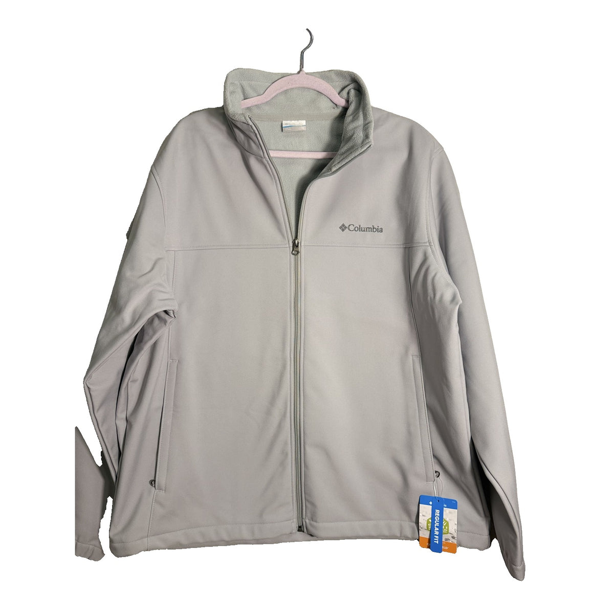 Men's Columbia Bowen Lake II Softshell Jacket in light gray, men's XL size, showing front view with softshell fabric and zip closure.