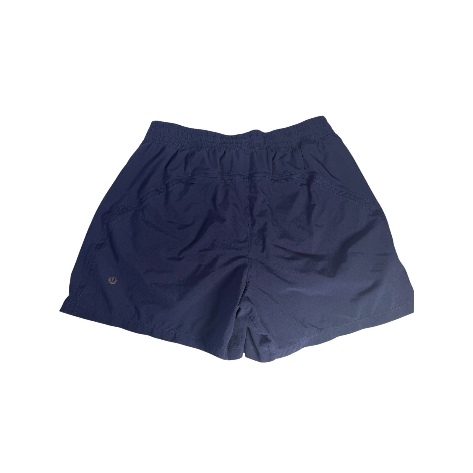 Lululemon men’s navy blue athletic running shorts with adjustable waistband and side pockets, size M.