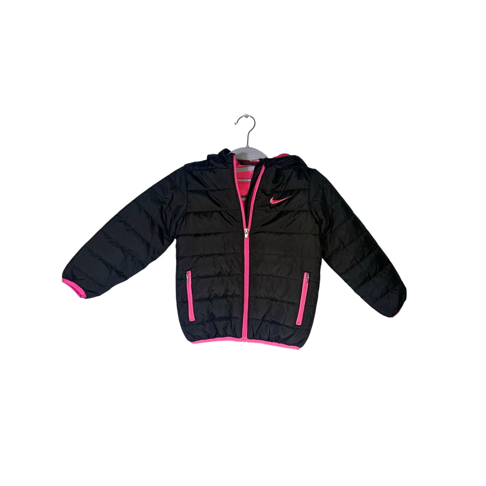 Nike toddler girls' black and pink hooded puffer jacket, size 4T, with a quilted design and attached hood.