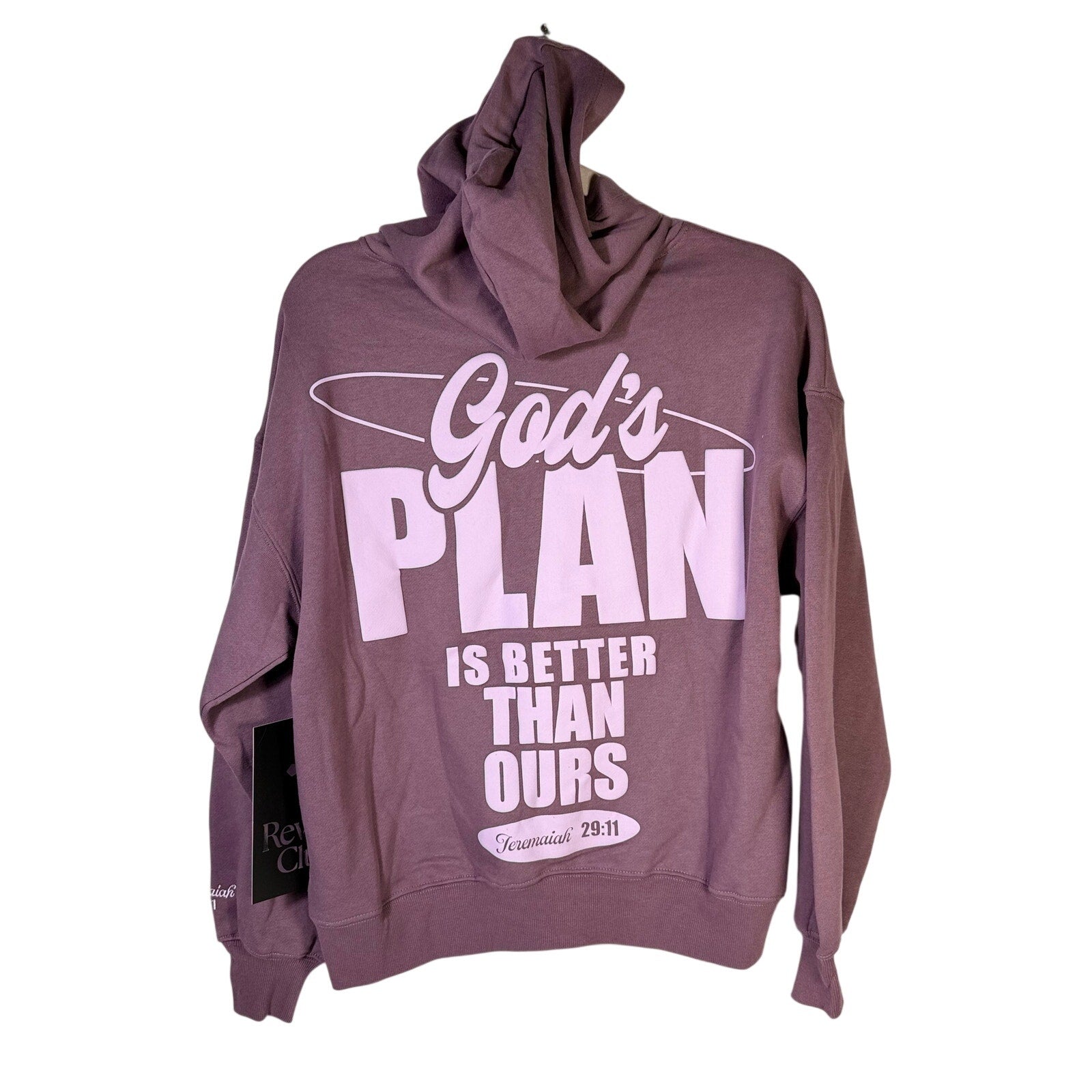 Revival Club women's mauve purple hoodie with God's Plan Jeremiah 29:11 script, casual fit, soft fabric, NWT.