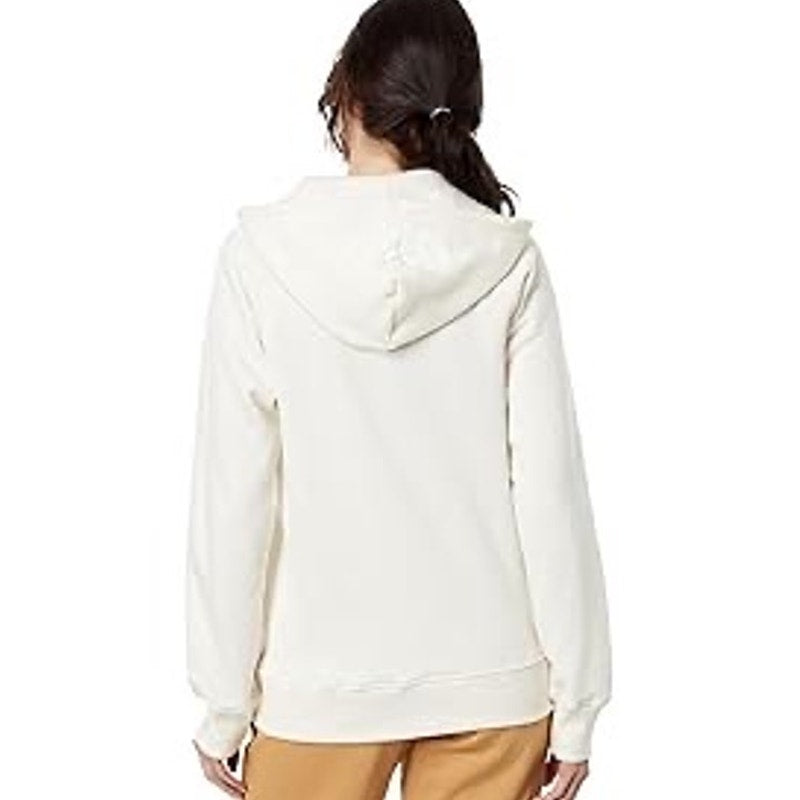 Women's The North Face Proud Full-Zip Hoodie in Gardenia White, shown on a hanger with front view and full zipper detail.