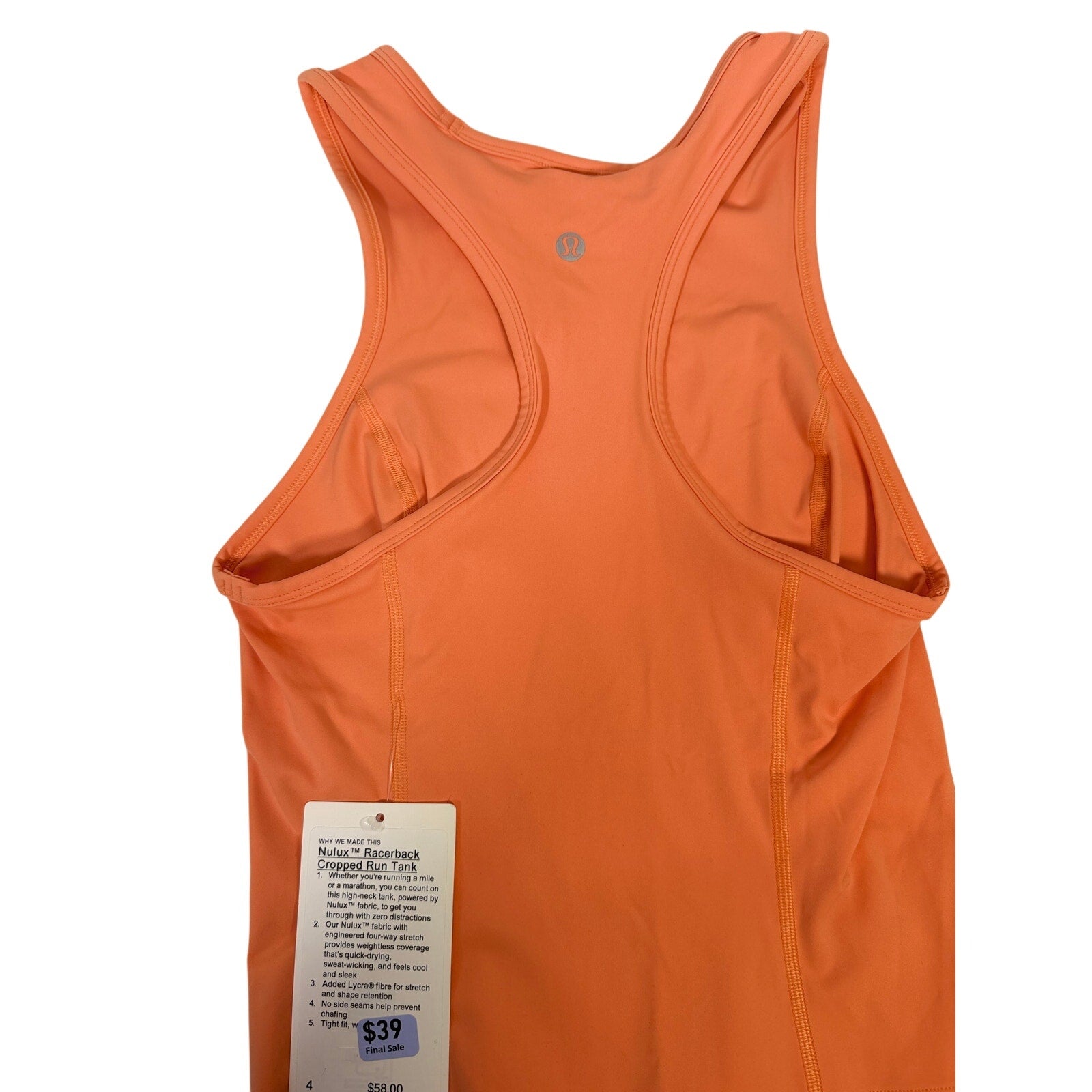 Lululemon Nulu Racerback Cropped Run Tank Top for women in coral, size 4, with lightweight, breathable fabric.