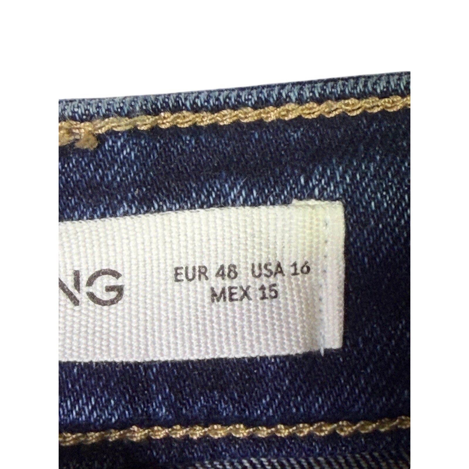 MNG women's medium wash straight leg jeans in size 16, displayed on a hanger with visible stitching and classic jean style