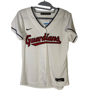 Nike Cleveland Guardians Shane Bieber #57 women's white jersey, official MLB apparel, featuring team and player details.