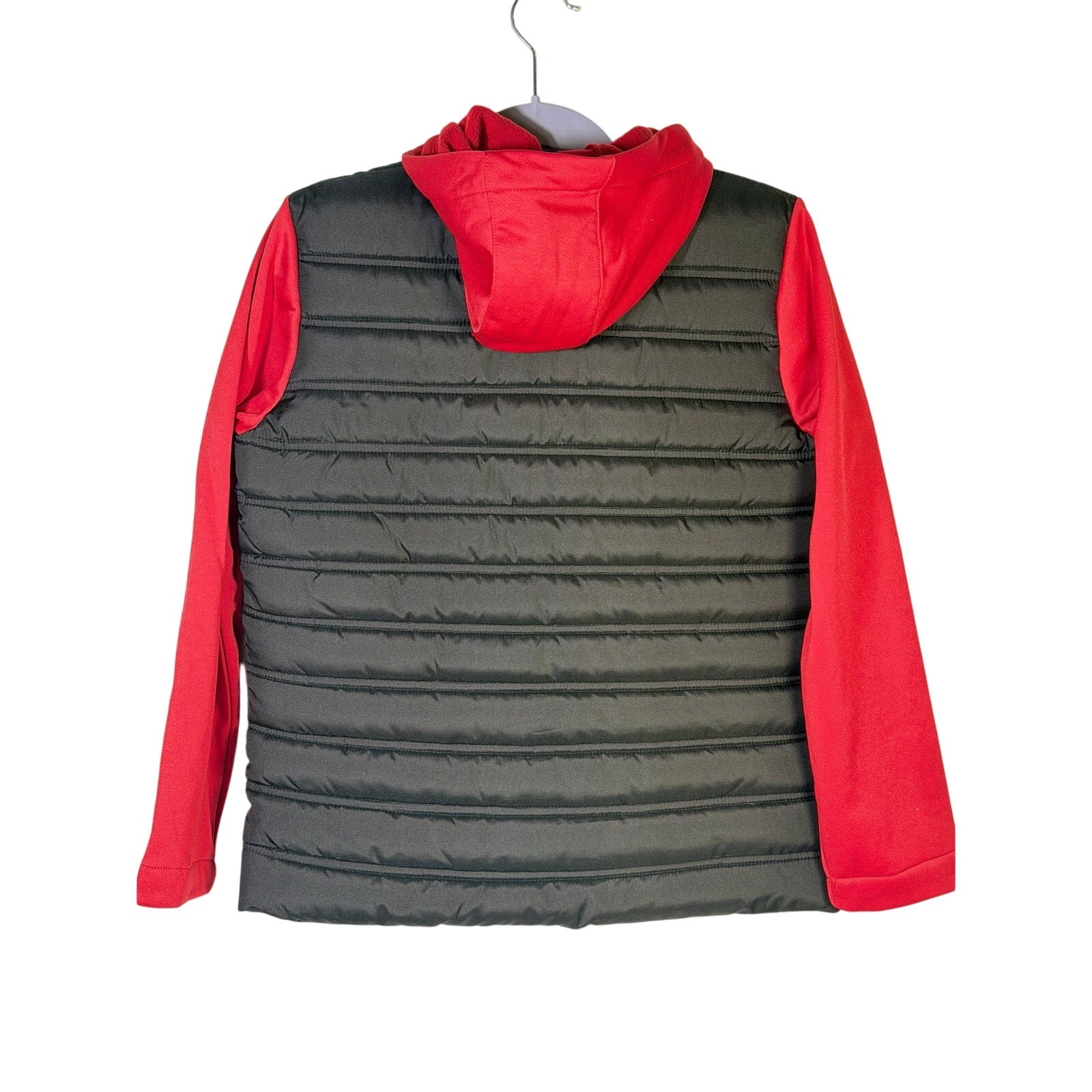 Jordan boys' black and red hybrid puffer jacket with hood, full zip, size M 10-12, featuring quilted design and sporty style.