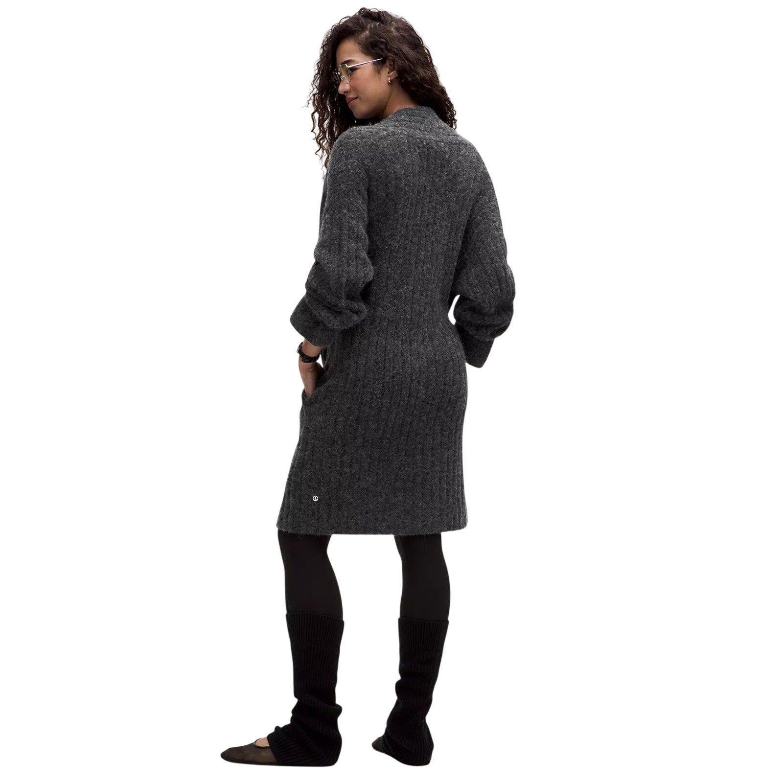 Lululemon women's textured knit long cardigan sweater in charcoal gray with open front and relaxed fit.