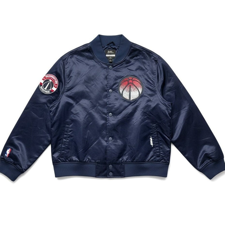 Women's NBA Washington Wizards satin jacket in size XL, featuring team logo and jewel embellishments on a stylish satin design.