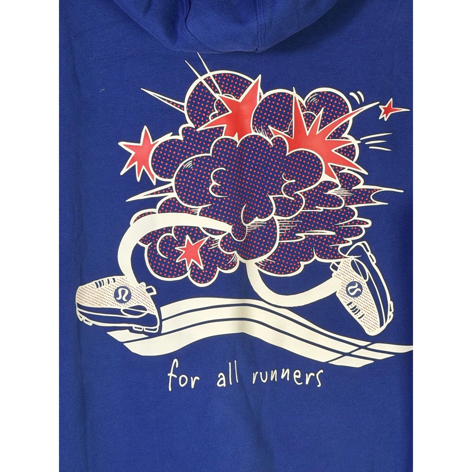 Lululemon women's blue For All Runners graphic pullover hoodie, size M, showing front view with logo and design details.