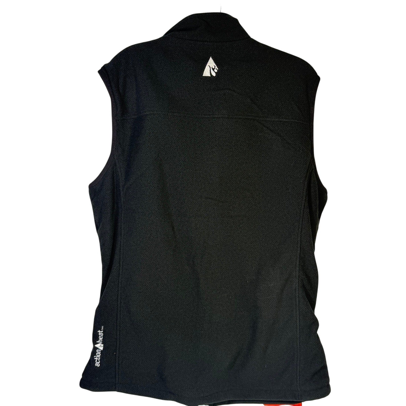 ActionHeat men's black rechargeable heated fleece vest size L with 5V power bank, shown on a hanger.