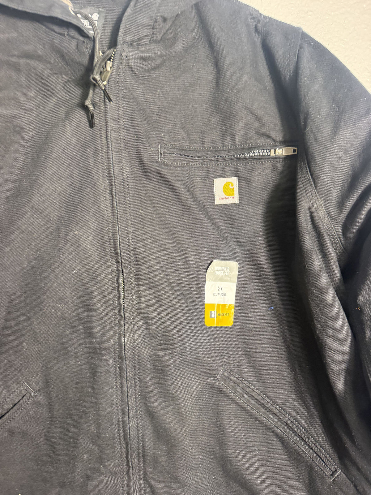 Carhartt women's black washed duck hooded jacket with sherpa lining, loose fit, and front pockets, size 2X.