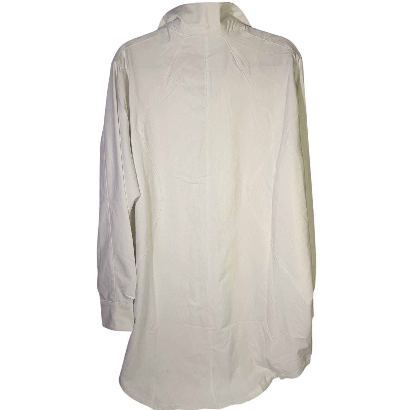 Nike women’s cream long full zip jacket with logo, size XL, shown hanging or laid flat.
