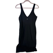 Beyond Yoga Black Spacedye Inspire Midi Dress for women, size medium, showcasing a fitted, stylish dress with a comfortable fabric appearance.